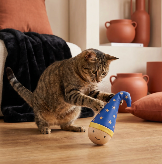 Interactive Wooden Wobble Cat Toy with Feathers & Sisal