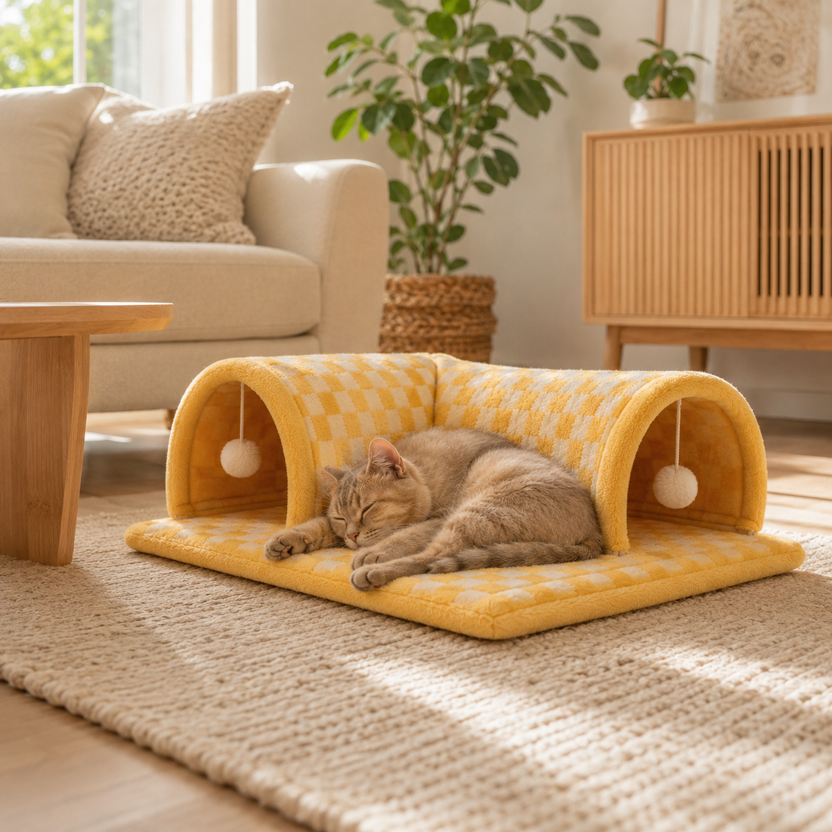 2-in-1 Cat Tunnel Bed with Removable Cushion