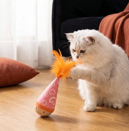 Interactive Wooden Wobble Cat Toy with Feathers & Sisal