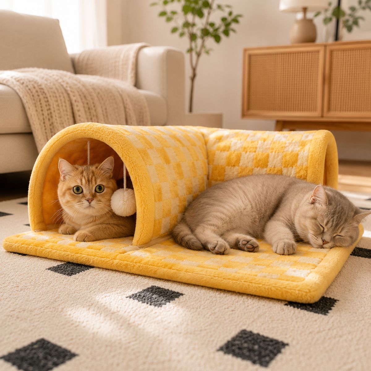 2-in-1 Cat Tunnel Bed with Removable Cushion