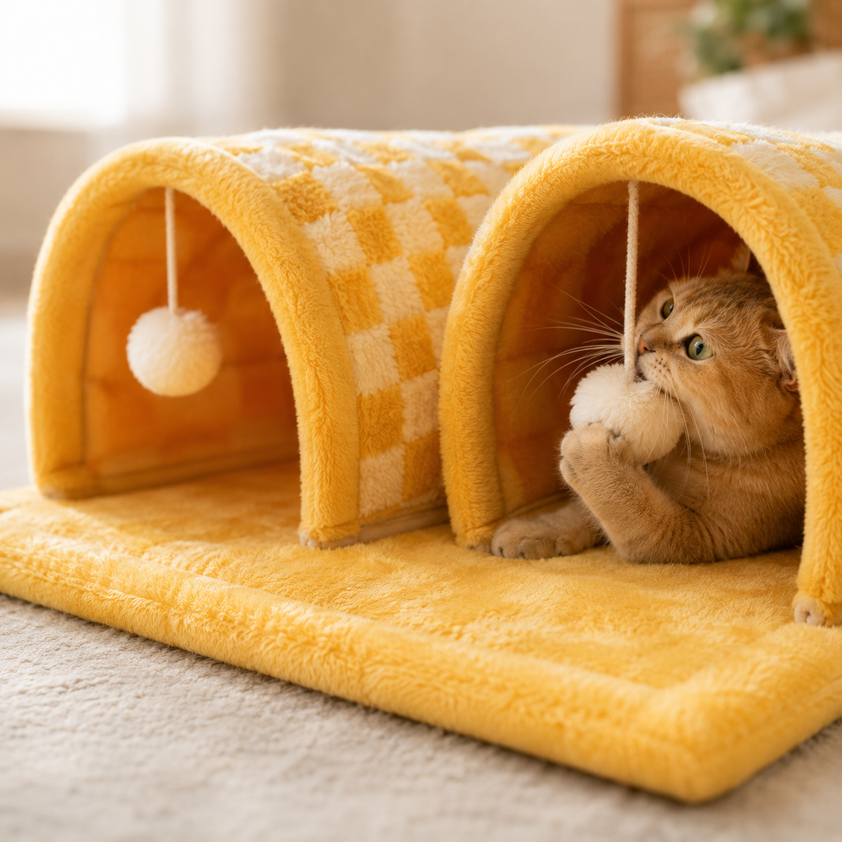2-in-1 Cat Tunnel Bed with Removable Cushion