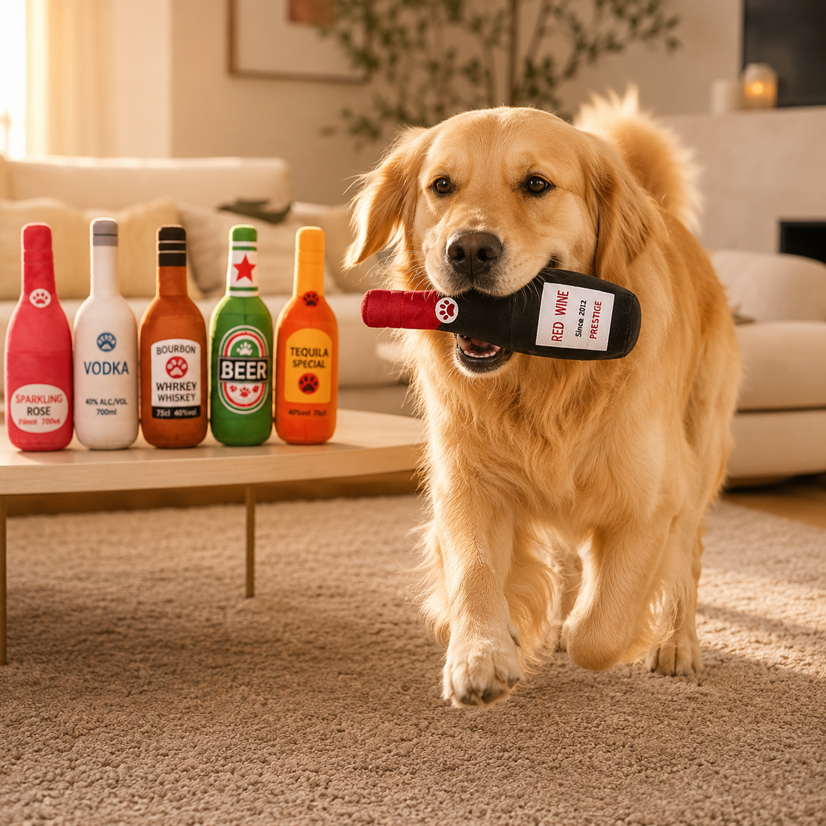 Plush Bottle Dog Toy with Squeaker