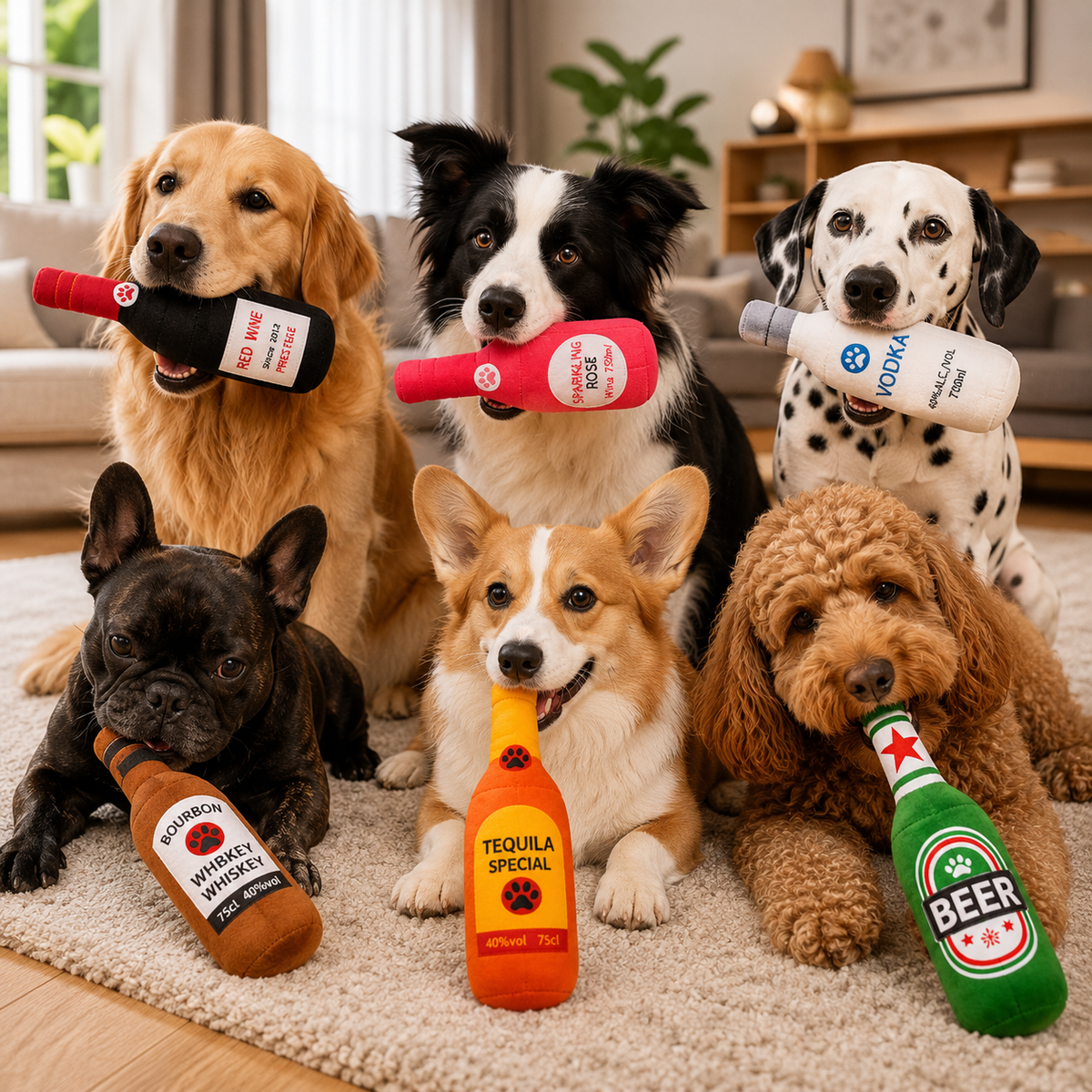 Plush Bottle Dog Toy with Squeaker