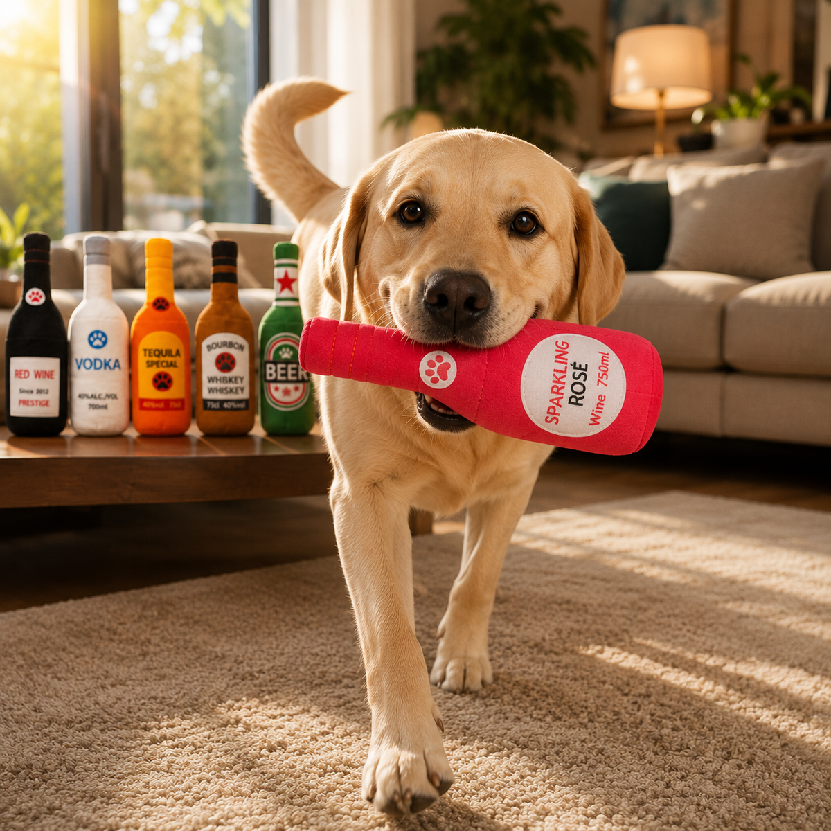 Plush Bottle Dog Toy with Squeaker