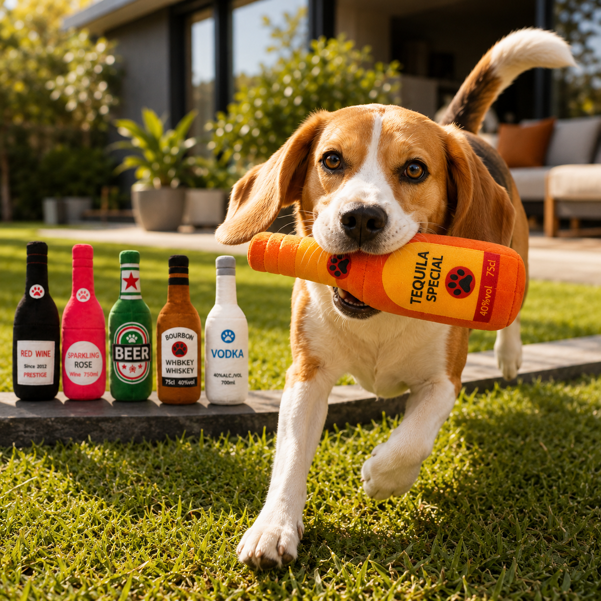 Plush Bottle Dog Toy with Squeaker