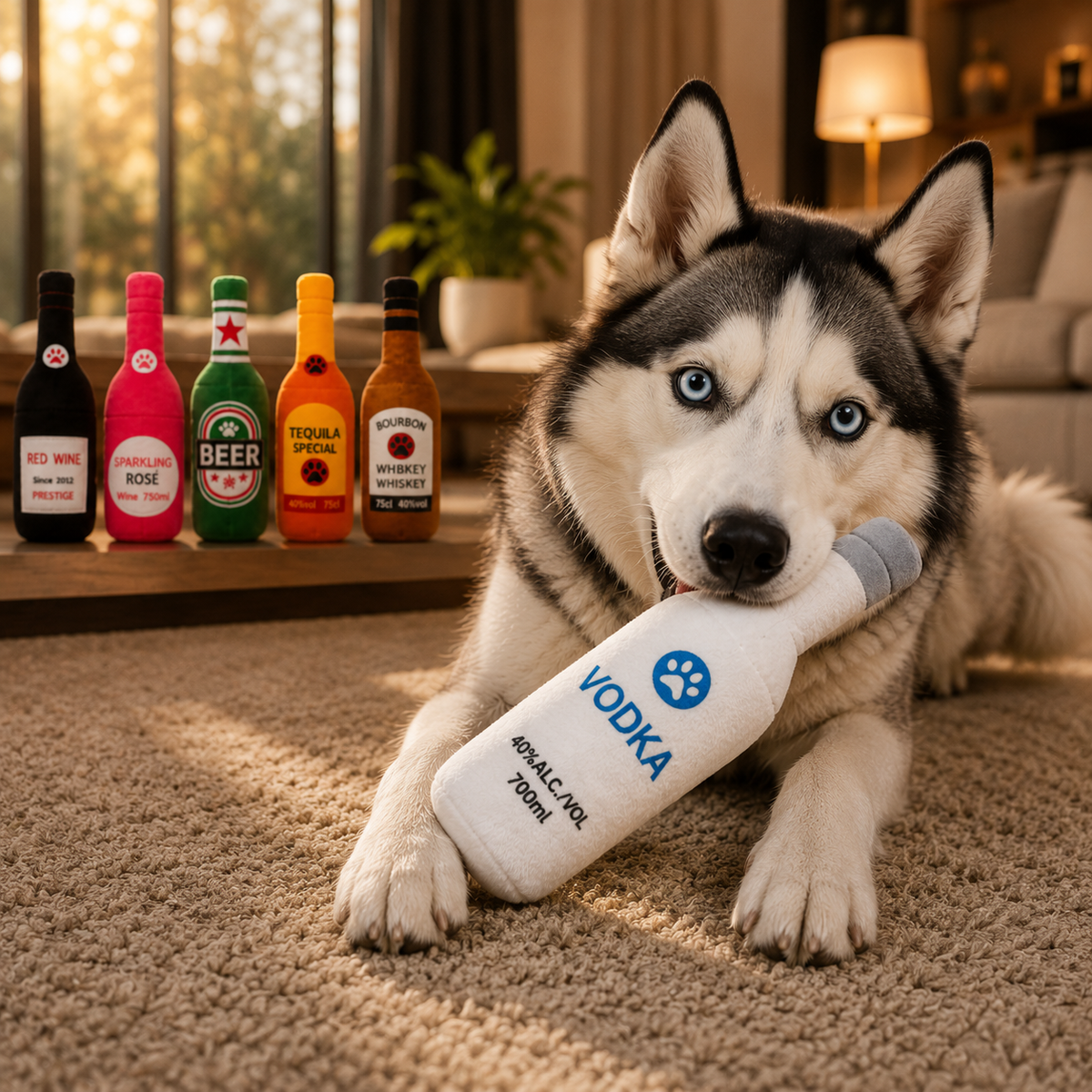 Plush Bottle Dog Toy with Squeaker