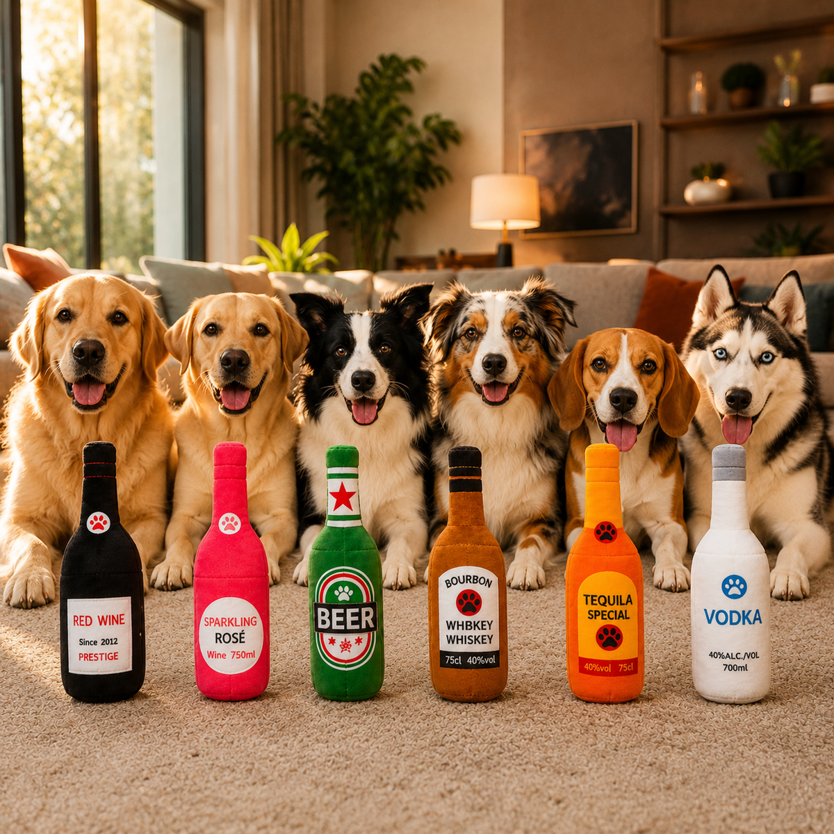 Plush Bottle Dog Toy with Squeaker