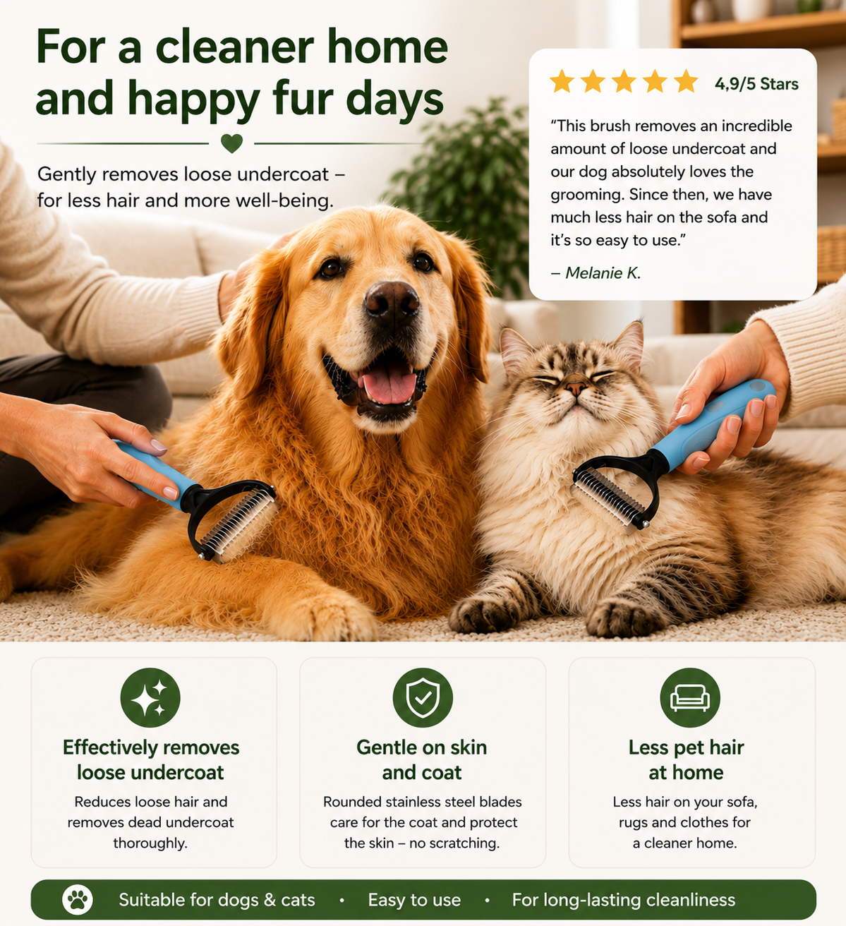 2-in-1 Double-Sided Dematting & Undercoat Rake for Dogs & Cats