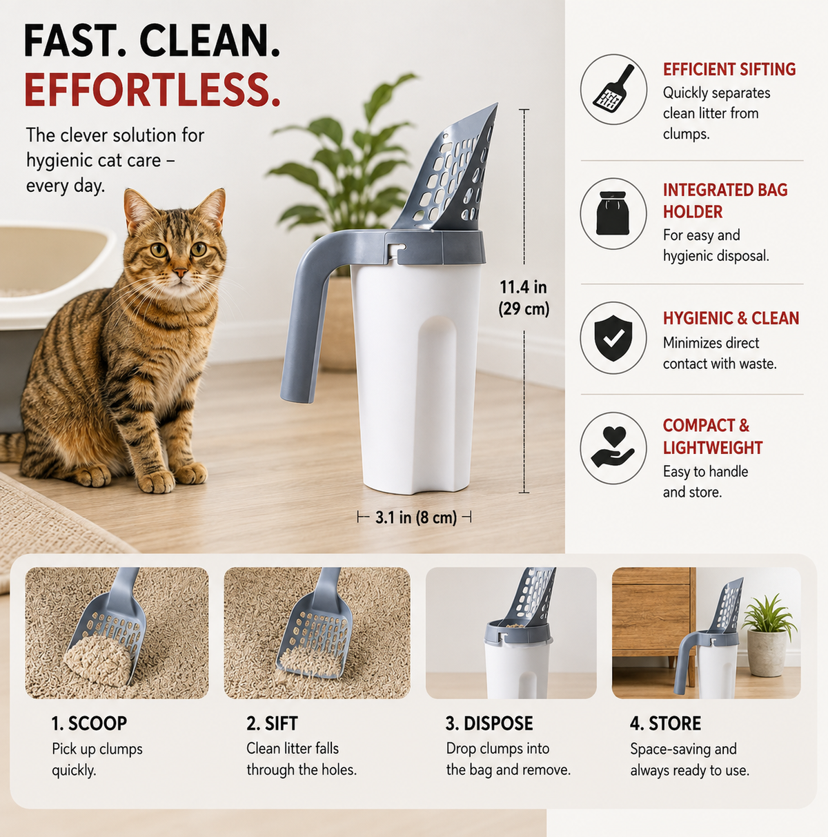 3-in-1 Cat Litter Scoop with Waste Bin & Bag Dispenser