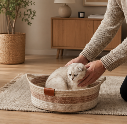 Handwoven Rattan Cat Bed with Removable Cushion