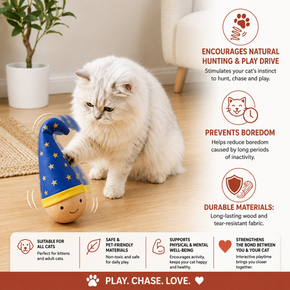 Interactive Wooden Wobble Cat Toy with Feathers & Sisal
