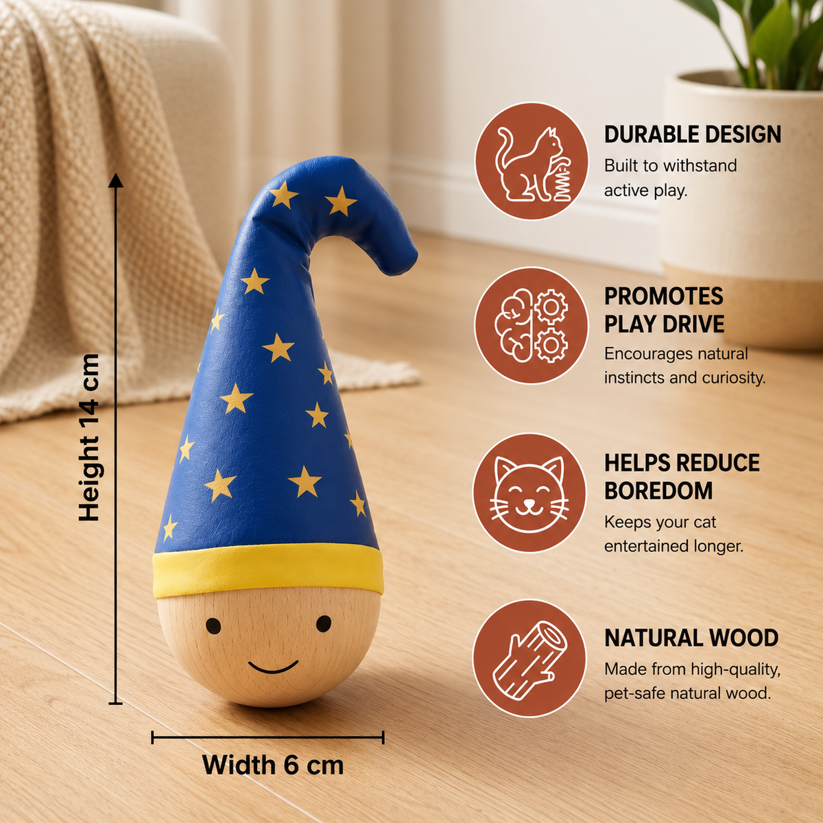 Interactive Wooden Wobble Cat Toy with Feathers & Sisal