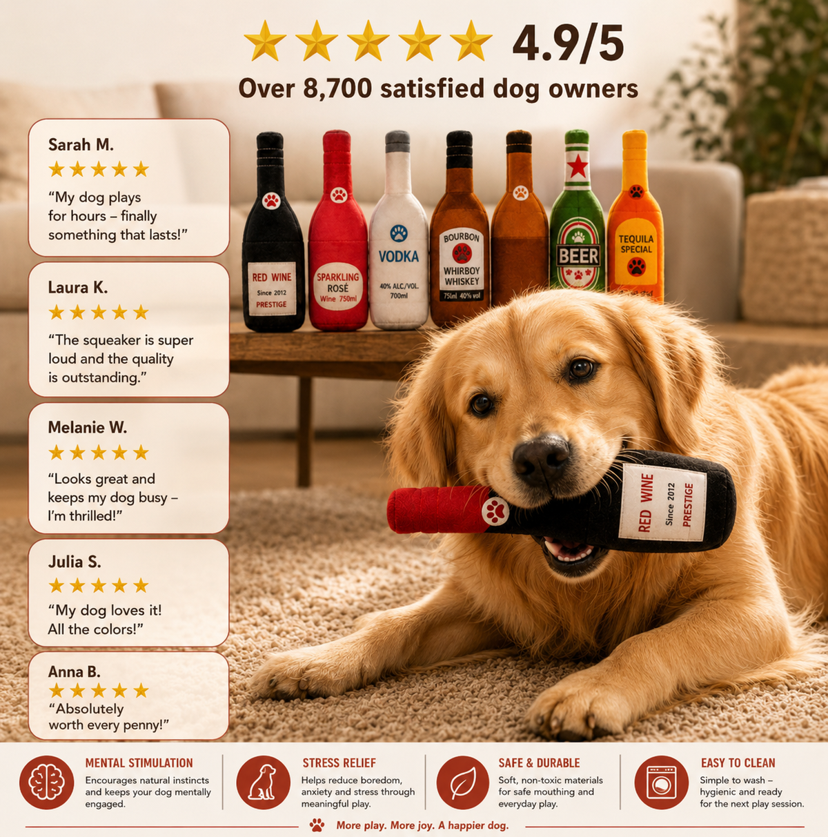 Plush Bottle Dog Toy with Squeaker