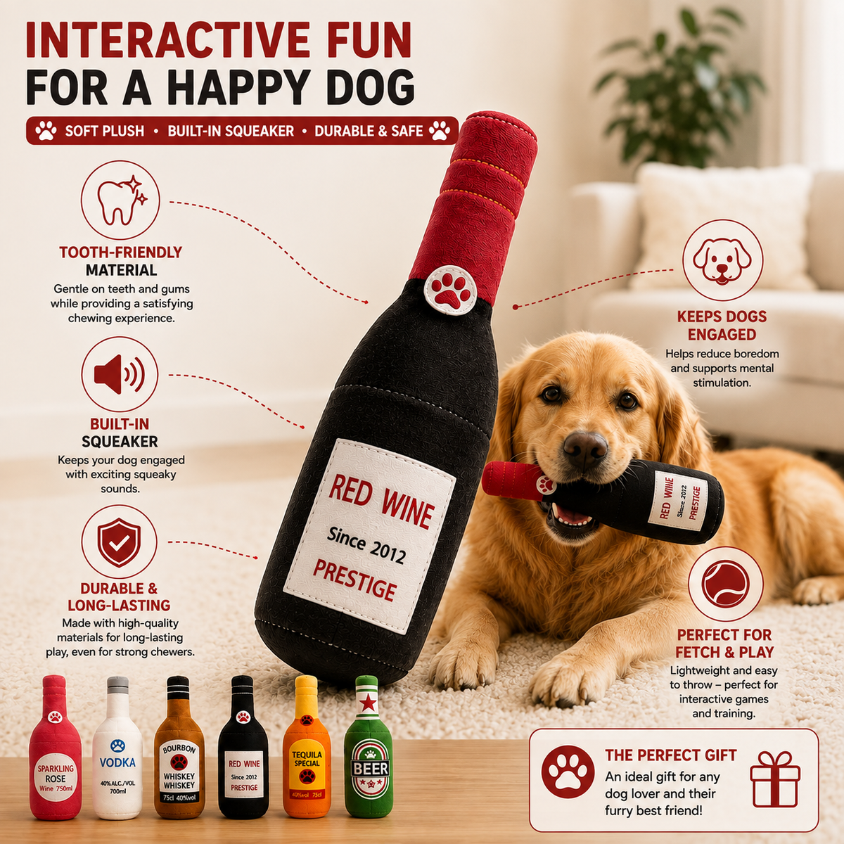 Plush Bottle Dog Toy with Squeaker