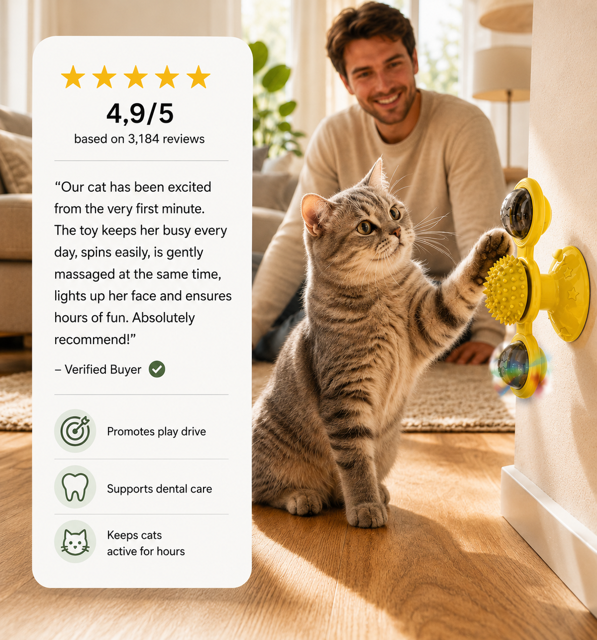 Interactive Wall-Mounted Spinning Cat Toy with Massage Brushes