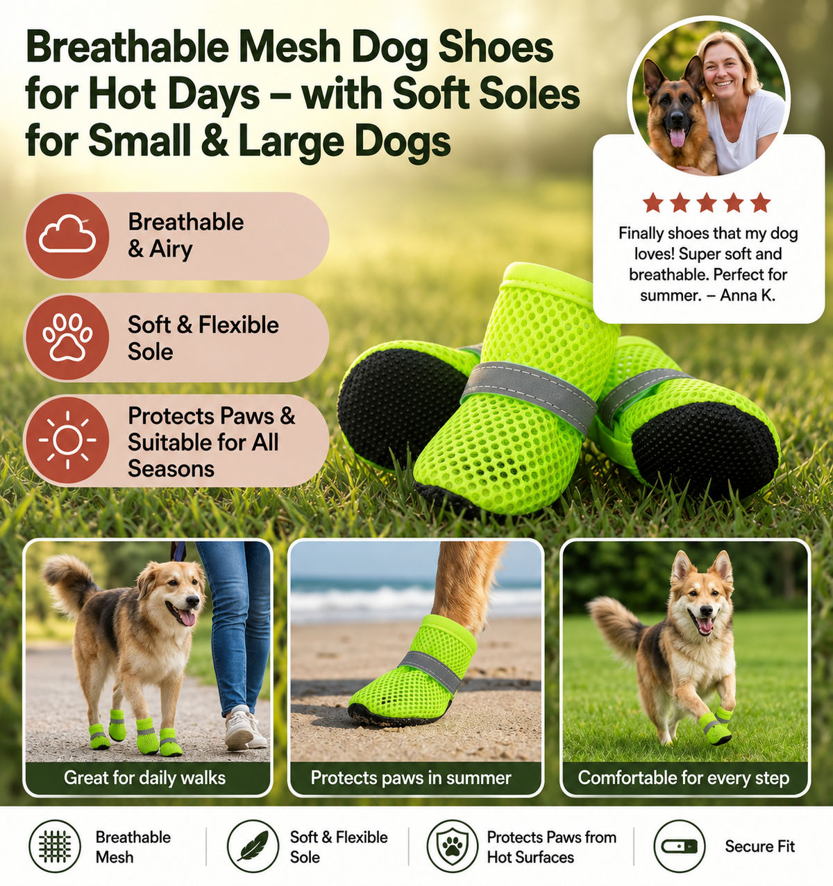 Breathable Non-Slip Dog Boots with Adjustable Straps – Set of 4