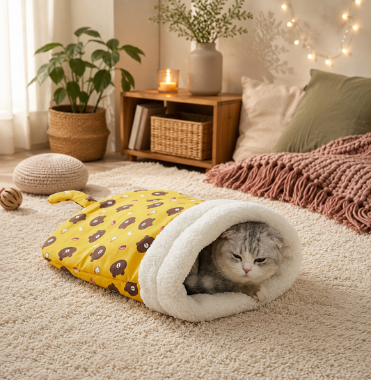 Fluffy Cat Sleeping Bag with Cosy Plush Cave Bed