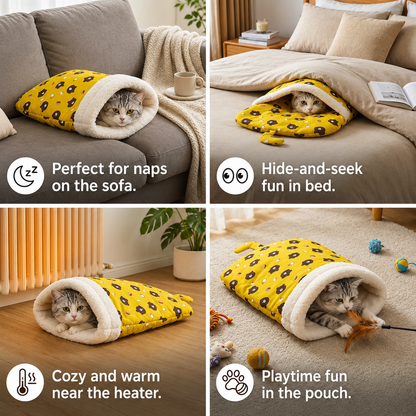 Fluffy Cat Sleeping Bag with Cosy Plush Cave Bed