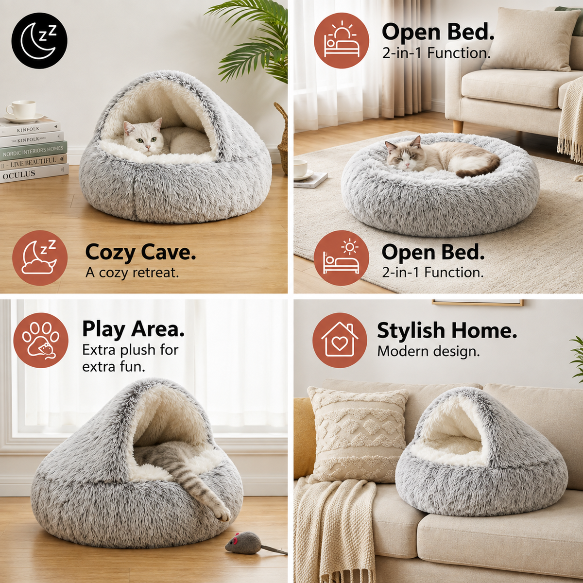 2-in-1 Convertible Plush Cat Cave Bed