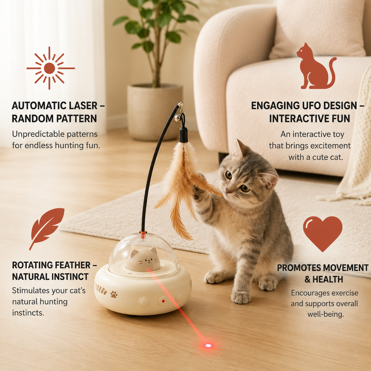 Automatic Interactive Feather Cat Teaser Toy with Bell