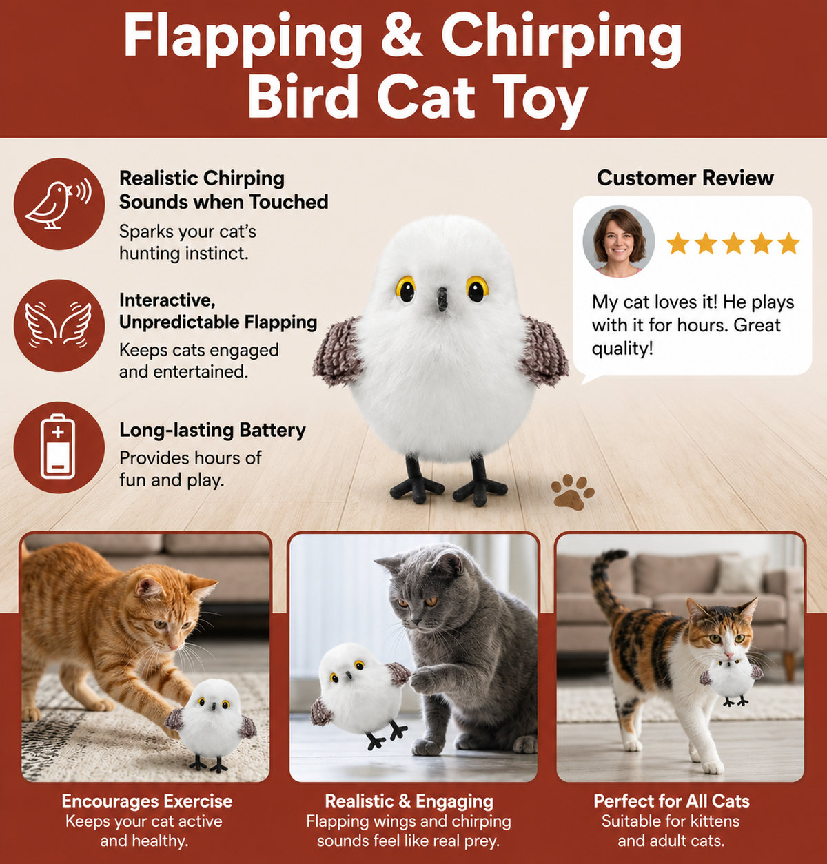 Interactive Flapping Bird Cat Toy with Chirping Sound