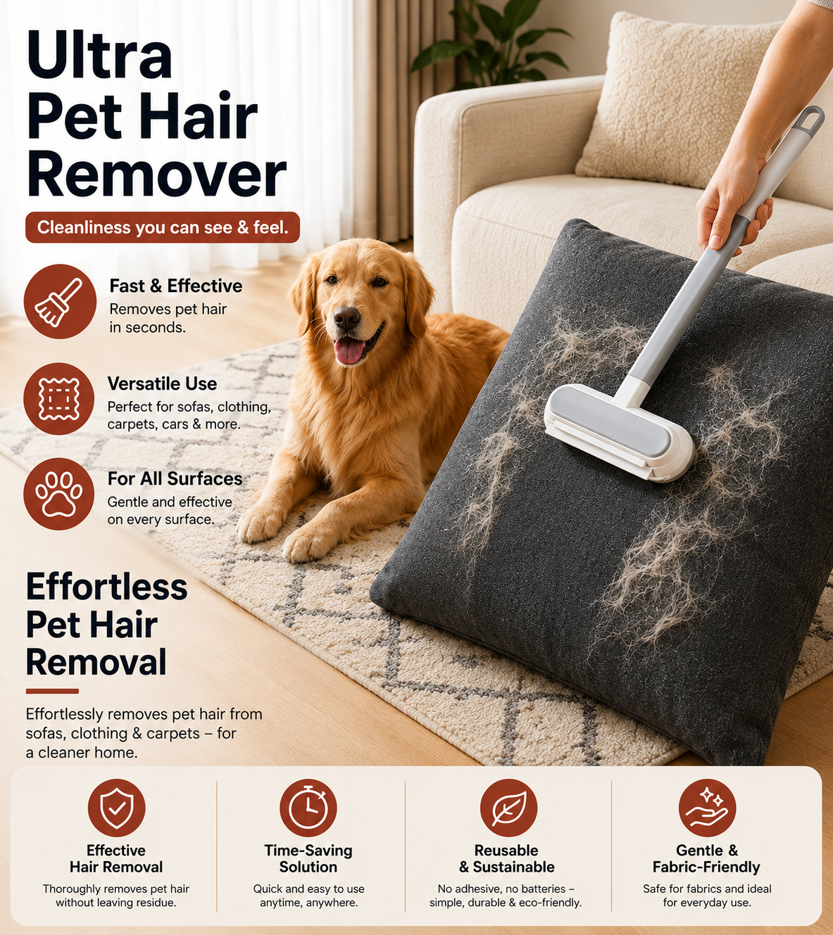 3-in-1 Reusable Pet Hair Remover for Sofas, Carpets & Cars