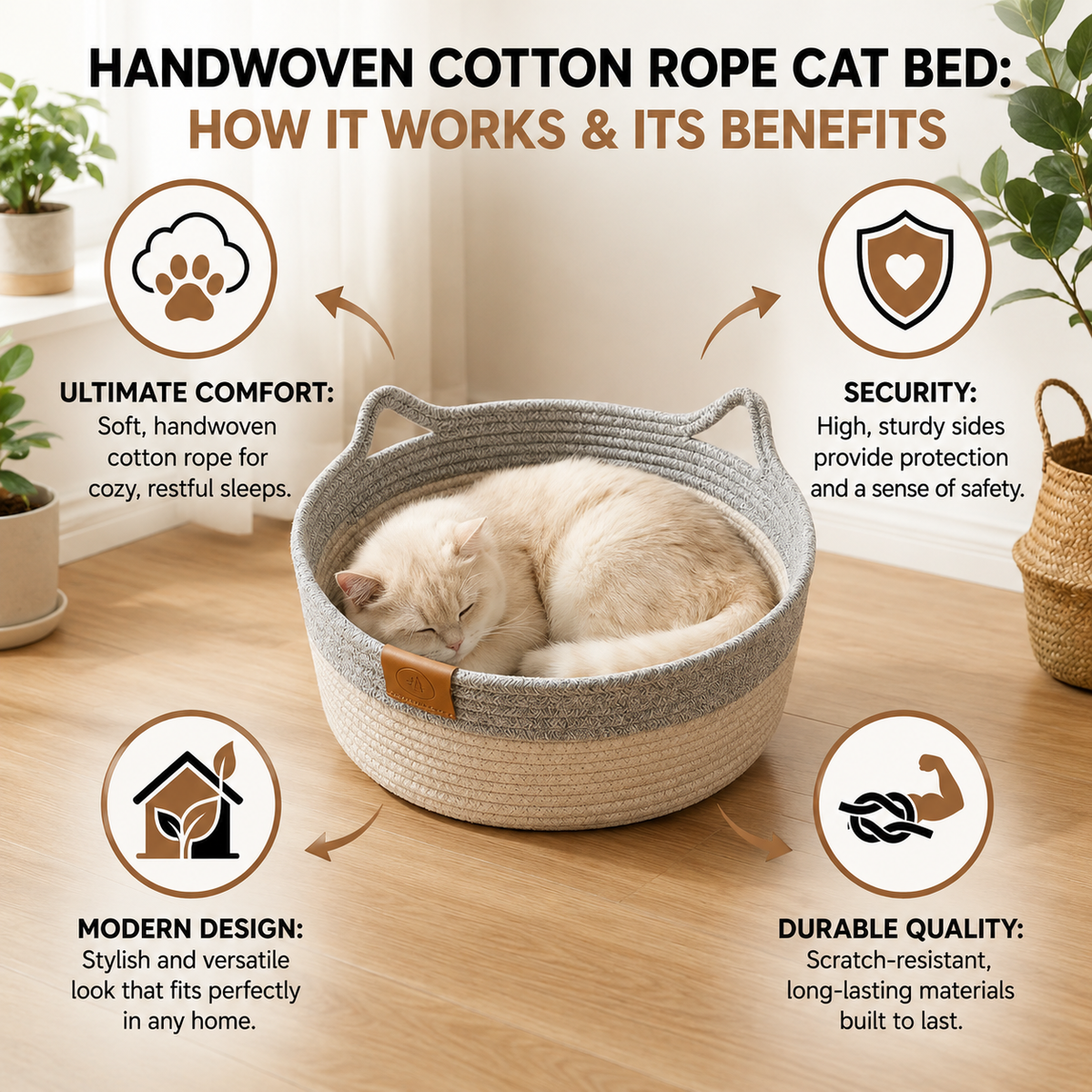 Handwoven Rattan Cat Bed with Removable Cushion