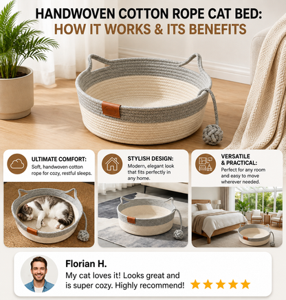 Handwoven Rattan Cat Bed with Removable Cushion