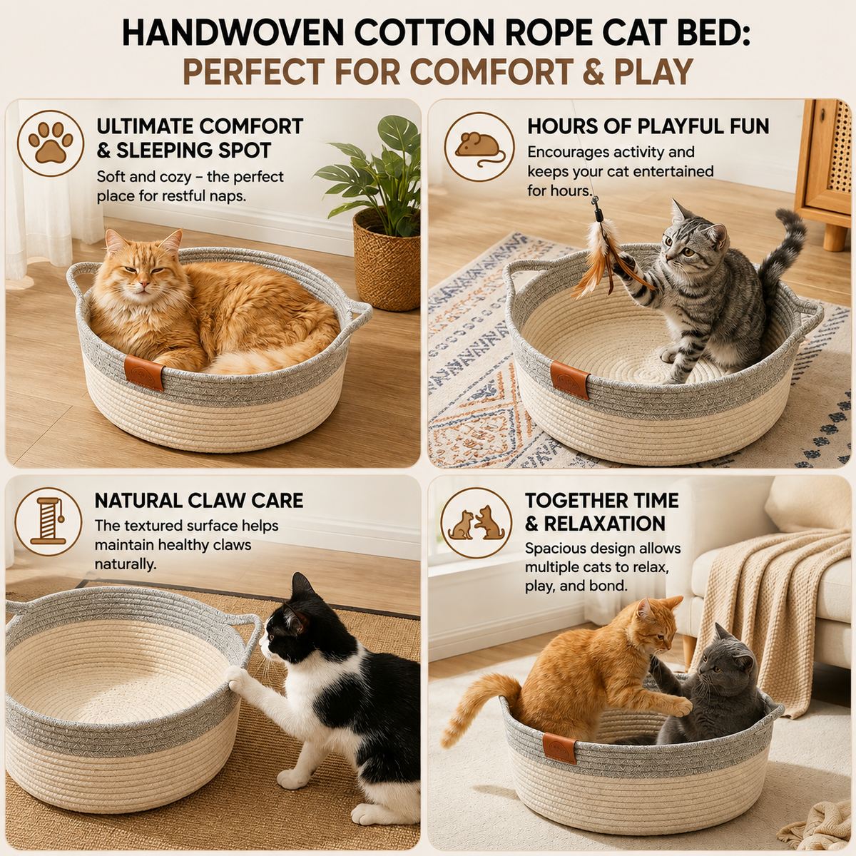 Handwoven Rattan Cat Bed with Removable Cushion