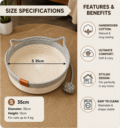 Handwoven Rattan Cat Bed with Removable Cushion