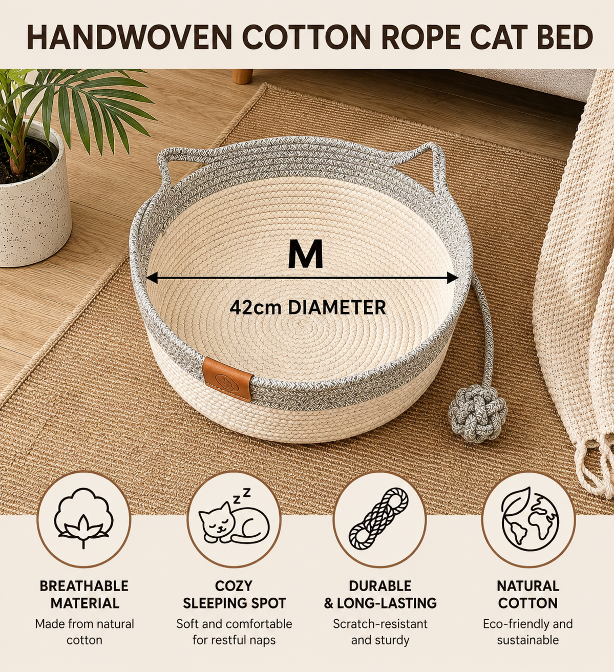 Handwoven Rattan Cat Bed with Removable Cushion