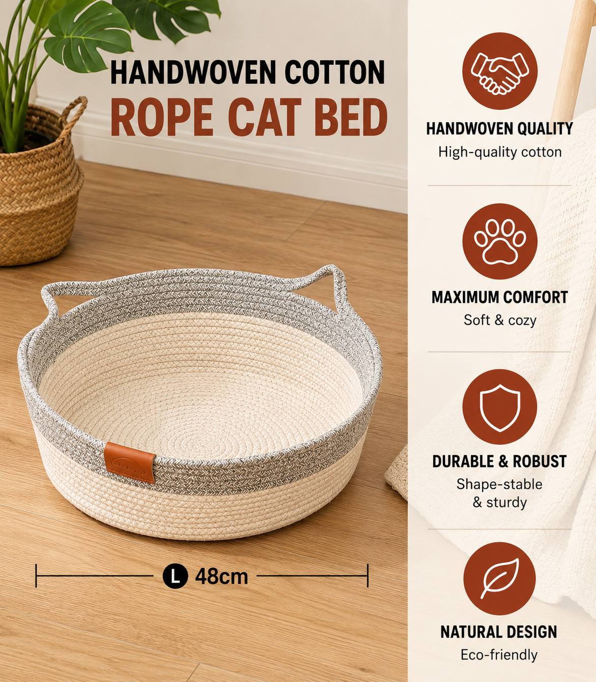 Handwoven Rattan Cat Bed with Removable Cushion