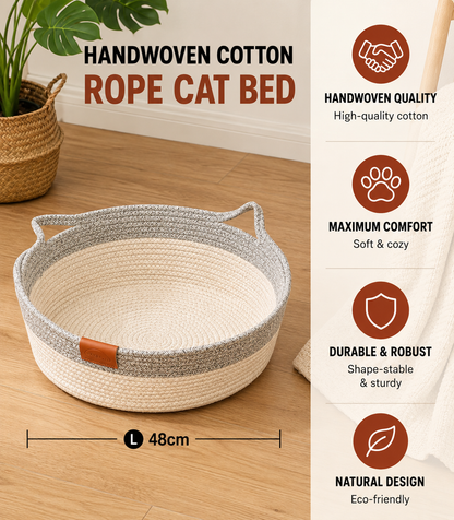 Handwoven Rattan Cat Bed with Removable Cushion