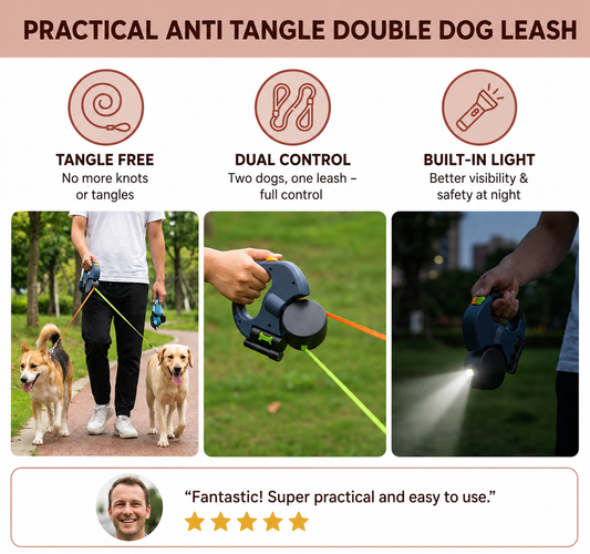 Dual Retractable Dog Lead with LED Light & Anti-Tangle System