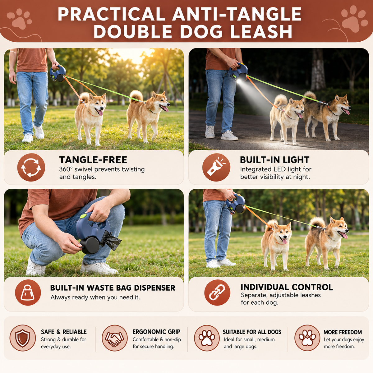 Dual Retractable Dog Lead with LED Light & Anti-Tangle System