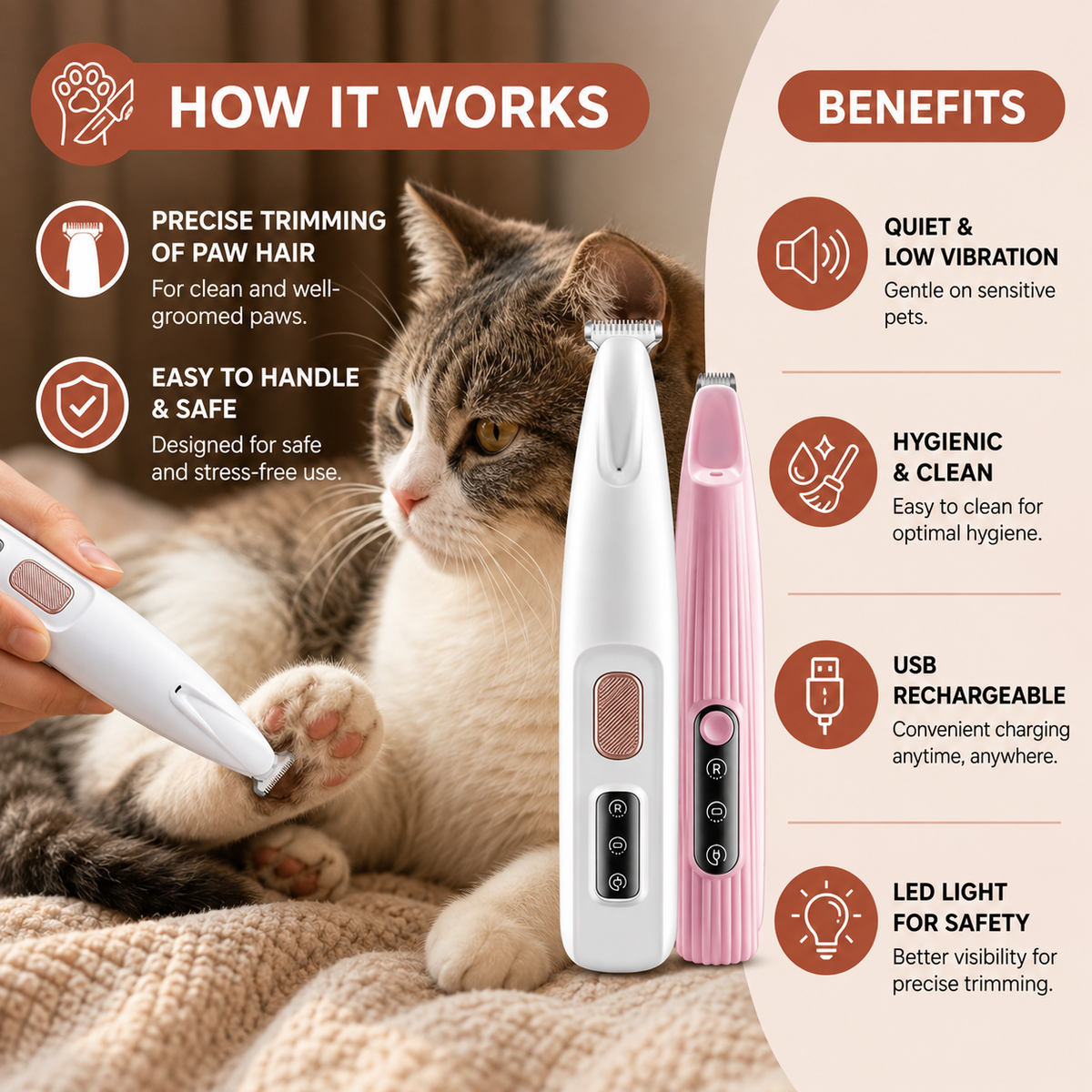 Quiet LED Precision Paw & Fur Trimmer for Cats