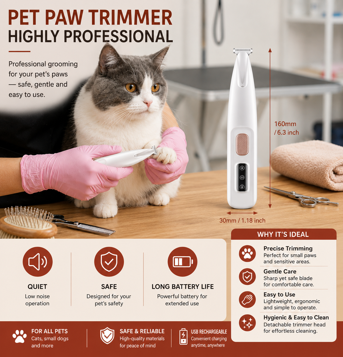 Quiet LED Precision Paw & Fur Trimmer for Cats